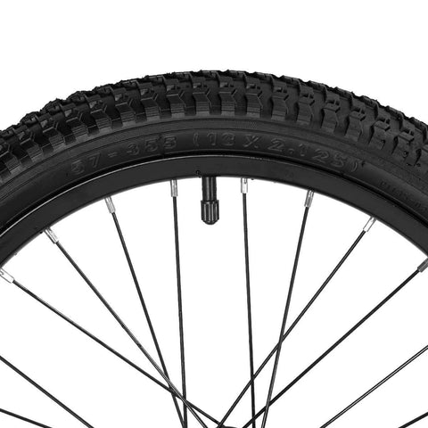 18 Inch Kids Bike Front Wheel Replacement with Air Rubber Tire, Black Steel Rim, Stainless Spokes, close-up view