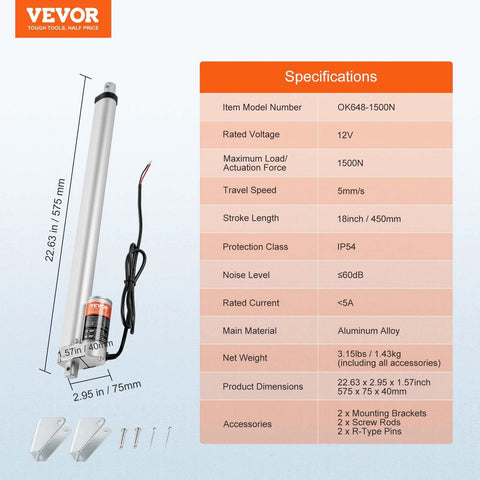 Heavy Duty 12V 18 Inch Linear Actuator With 330 Lb Load, 0.19 Inches Per Second Travel, IP54 Protection, technical specifications shown