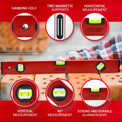 18 Inch Magnetic Level With 180 Degree 90 Degree And 45 Degree Bubbles Aluminum Body Shock Resistant Level Tool With Overhead Viewing For Comfortable Readings On Metal And Wood Surfaces Ideal For Quick Accurate Measurements And Easy Reading From Above on bricks with features shown