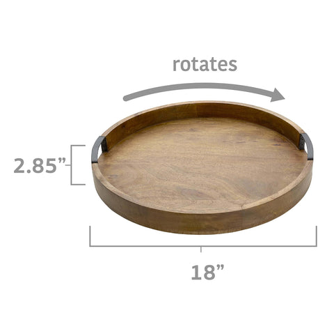 18 inch mango wood lazy susan serving tray, round rotating centerpiece with high wall, 2.85 inch height, smooth wood finish.