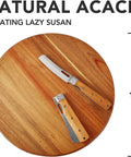 Top view of 18 inch acacia wood lazy susan cabinet organizer with kitchen knives on a rotating tray.