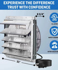 18 Inch Wall Mounted Shutter Exhaust Fan With Automatic Shutter, Thermostat, And Variable Speed Controller Delivers Beefy 1736 CFM Airflow For Up To 2600 Sq Ft, 0.85A, 115V, Silver, shown from a side angle with dimensions.