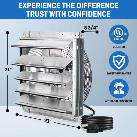 18 Inch Wall Mounted Shutter Exhaust Fan With Automatic Shutter, Thermostat, And Variable Speed Controller Delivers Beefy 1736 CFM Airflow For Up To 2600 Sq Ft, 0.85A, 115V, Silver, shown from a side angle with dimensions.