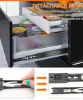 18 inch Drawer Slides 6 Pairs (12pcs) Soft Close 3 fold Full Extension Side Mount Cabinet Drawer Glides 18" Black Cabinet Rails shown in kitchen drawer installation, featuring easy detachable design with close-up of slide components.