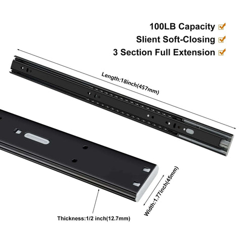 Two Pairs 18 Inch Soft Close Drawer Slides Heavy Duty Cabinet Rails With Full Extension Ball Bearing Design 3 Section Drawer Runners