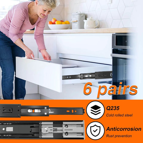 18 inch Drawer Slides 6 Pairs (12pcs) Soft Close 3 fold Full Extension Side Mount Cabinet Drawer Glides in kitchen