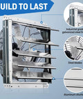 18 Inch Wall Mounted Shutter Exhaust Fan With Automatic Shutter, Thermostat, And Variable Speed Controller Delivers Beefy 1736 CFM Airflow For Up To 2600 Sq Ft, 0.85A, 115V, Silver, showing side view with steel frame and blades