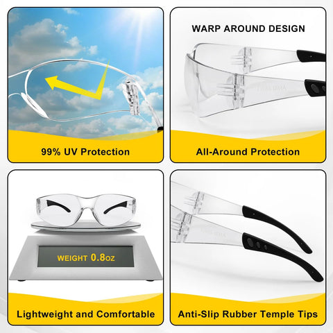 18 Pack Clear Safety Glasses ANSI Z87 1 Lightweight Eye Protection For Work Lab showcasing UV protection and design features