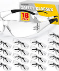 18 Pack Clear Safety Glasses ANSI Z87 1 Lightweight Eye Protection For Work Lab with box and 18 pairs displayed