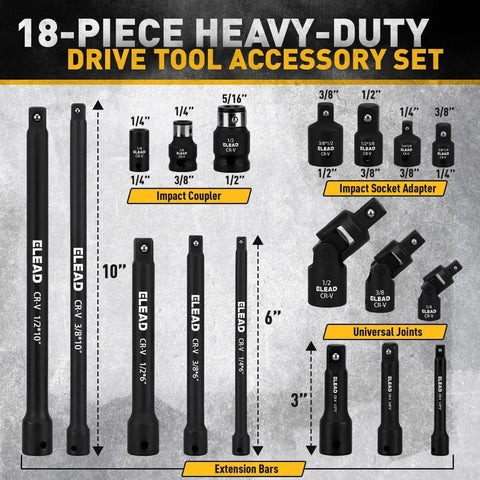 Heavy Duty Chrome Vanadium Socket Extension Set For Quarter Inch Drive, Three-Eighths Inch Drive And Half Inch Drives, 18-Piece Kit