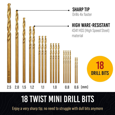 18 assorted twist mini drill bits ranging from 0.6mm to 2.5mm, made from 4341 HSS material, including sharp and wear-resistant tips.