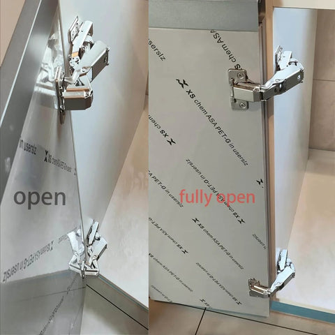2pack 180 Degree Soft Closing cabinets Hinge installed on frameless cabinet door showing open and fully open positions.