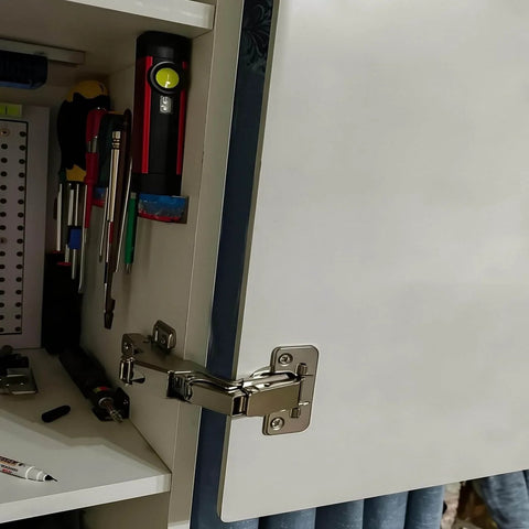 4pack 180 Degree Kitchens Cabinet Corner Cabinet Door Hinge installed on a frameless cabinet door with tools inside