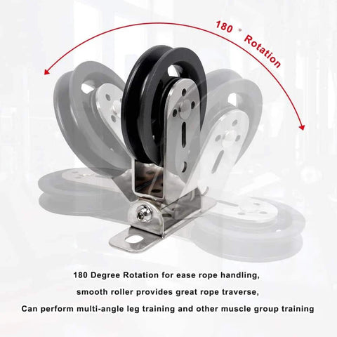Gym Pulley Blocks,3.46in/90mm Wall Mount Fixed Pulley Wheel Rotation 180 Degree,for Gym Pulley System, shown with rotation feature