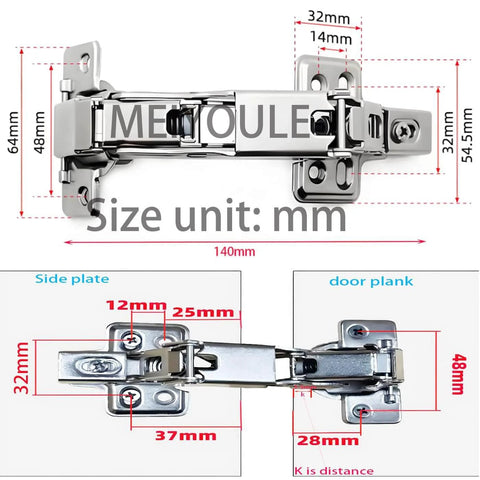 Diagram of MEIYOULE 2pack 180 Degree Soft Closing cabinets Hinge showing detailed measurements in millimeters