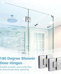 180 Degree Glass Shower Door Hinges in frameless glass-to-glass install for 8-12mm glass; beefy built stainless steel bathroom hardware.