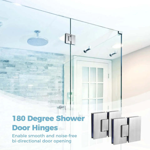 180 Degree Glass Shower Door Hinges in frameless glass-to-glass install for 8-12mm glass; beefy built stainless steel bathroom hardware.