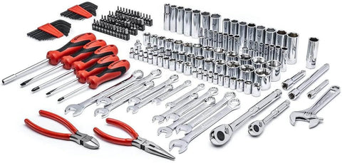 180 Piece Professional Tool Set in Tool Storage Case - CTK180 with chrome sockets, wrenches, pliers, and screwdrivers displayed