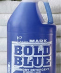 Front view of blue 5-gallon plastic bottle of Bold Blue laundry detergent (Sam brand)