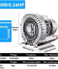 Regenerative Blower 120W To 1100W Single Phase Turbine Blower 110V 60Hz High Pressure Vortex Ring Blower Industrial Vacuum Pump showing model dimensions and specifications.