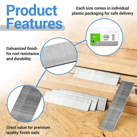 Image showing 18 Gauge Brad Nails 2 Inch Galvanized 1000 Count For Pneumatic Brad Nailer Meite F32 F50C and packaging details.