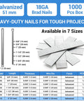 Chart showing 18 Gauge Brad Nails 2 Inch Galvanized 1000 Count For Pneumatic Brad Nailer Meite F32 F50C dimensions and sizes
