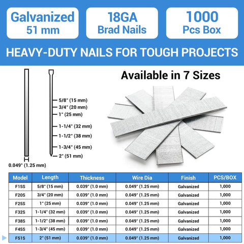 Chart showing 18 Gauge Brad Nails 2 Inch Galvanized 1000 Count For Pneumatic Brad Nailer Meite F32 F50C dimensions and sizes