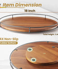 18-Inch Acacia Wood Lazy Susan Turntable With Metal Frame, showing dimensions and non-slip rubber bottom
