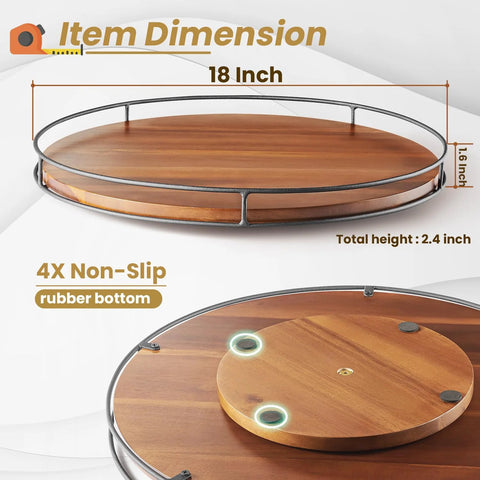18-Inch Acacia Wood Lazy Susan Turntable With Metal Frame, showing dimensions and non-slip rubber bottom