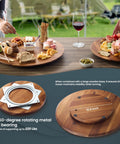 18 Inch Acacia Wood Lazy Susan for tabletop, displaying charcuterie and cheese board with metal bearing and anti-skid base.