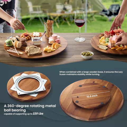 18 Inch Acacia Wood Lazy Susan for tabletop, displaying charcuterie and cheese board with metal bearing and anti-skid base.