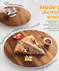 18 Inch Acacia Wood Lazy Susan For Tabletop And Countertop Use Extra Large Round Serving Tray with pizza and cheese on it