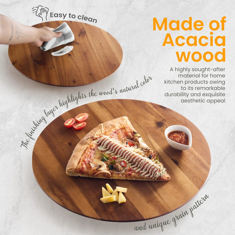 18 Inch Acacia Wood Lazy Susan For Tabletop And Countertop Use Extra Large Round Serving Tray with pizza and cheese on it