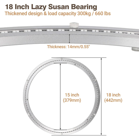 Diagram of 18 Inch Aluminum Alloy Lazy Susan Bearing Rotating Turntable with dimensions and load capacity details
