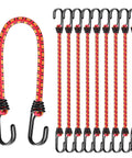 10 pack of 18 Inch Elastic Bungee Cords With Hooks Heavy Duty for outdoor camping, garage storage, kayaking, featuring red and black design