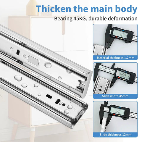 Close-up of 18 Inch Drawer Slides Set With Soft Close And Full Extension Ball Bearing Rails, showing durable metal construction details.