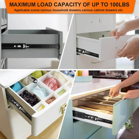 Collage of 18 inch Drawer Slides 6 Pairs (12pcs) Soft Close 3 fold Full Extension Side Mount used in various cabinets and drawers