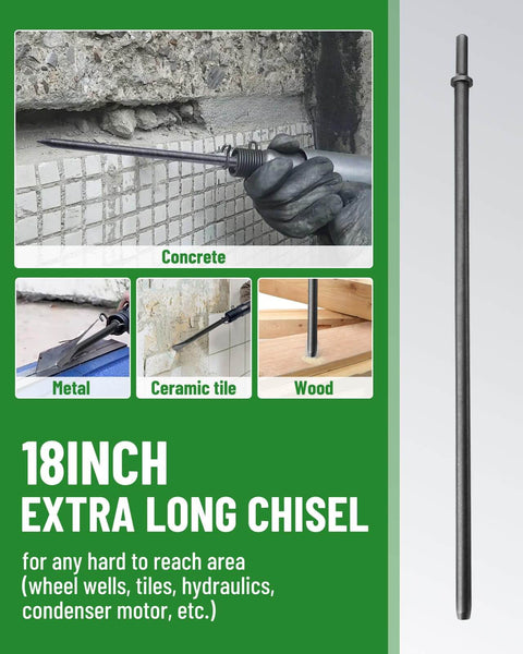 Extra Long 18 Inch Air Hammer Bit Set With 3/8 Inch Taper Punch And Spring 42CrMo Alloy Steel Point Tip for concrete chisel work