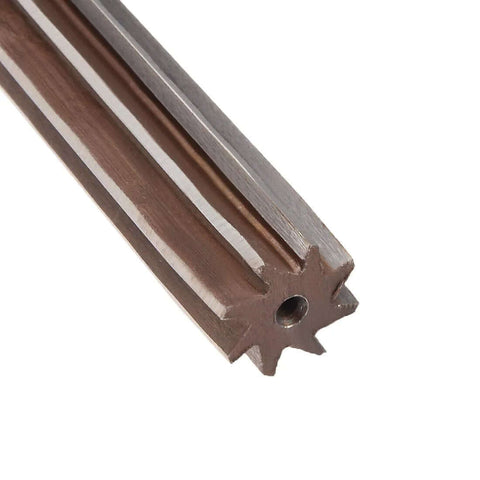 Close-up of 18mm Hand Reamer With 8 Straight Flutes In Heavy Duty Alloy Tool Steel H8 For Metal Reaming And Precision Milling, tip view.