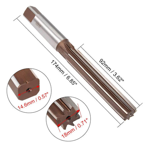 18mm Hand Reamer With 8 Straight Flutes In Heavy Duty Alloy Tool Steel H8 For Metal Reaming And Precision Milling 18mm Diameter 14.6mm Square Shank 174mm Overall Length Great For Metalworking Pros, showing dimensions.