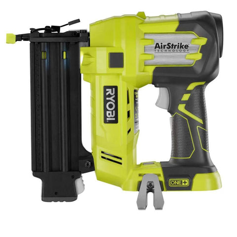 18V Air Strike Brad Nailer Kit with two batteries and charger, yellow cordless brad nailer, side view