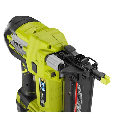 Close-up of 18V Air Strike Brad Nailer Kit with two batteries and charger offering fast, precise trim nailing for cabinetry.