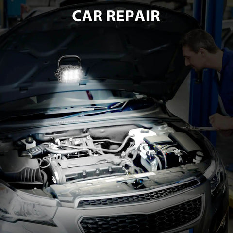 18W LED Work Light Workhorse With 2400 Lumens illuminating open car hood in repair shop