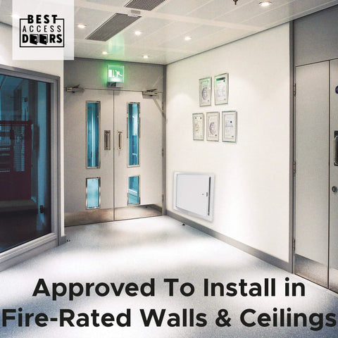 18x18 Insulated Fire Rated Metal Access Door With Flange installed in a fire-rated wall of a modern building corridor