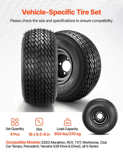 8 Inch Golf Cart Wheels and Tires Combo Set of 4 with 18x8.50-8 All Terrain Rubber Tires, Black Steel Rims, and 4 Lug