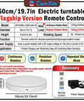 Infographic showing features of 19.7 Inch Motorized Electric Turntable, including remote control, dual motor drive, high load capacity, and speed modes.