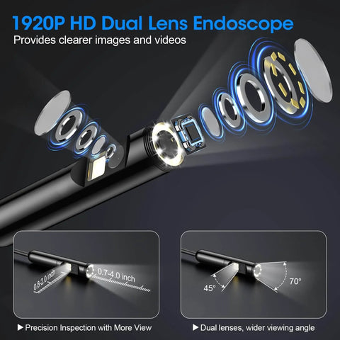 Diagram of 1920P HD Dual Lens Endoscope with details of lens components and angles, showing advanced inspection features.