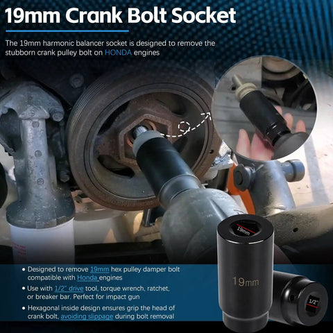 Crank Pulley Tool Kit For Honda And Acura With 19mm Harmonic Balancer Socket And 50mm Crankshaft Pulley Holder Wrench installed view
