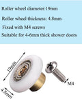Set of 4 shower door wheels rollers with 19mm diameter and 5mm thickness, stainless steel screws, shown alongside POM nylon roller