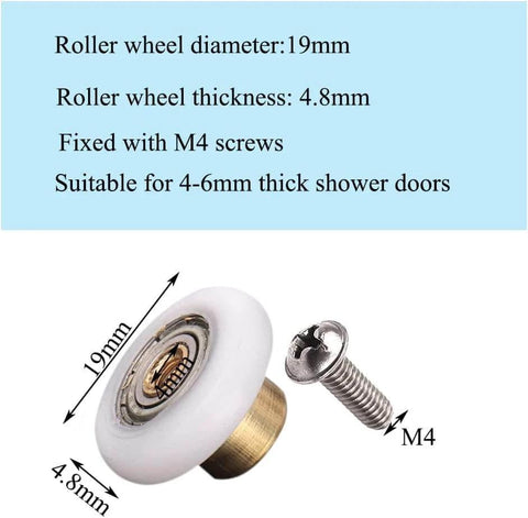 Set of 4 shower door wheels rollers with 19mm diameter and 5mm thickness, stainless steel screws, shown alongside POM nylon roller
